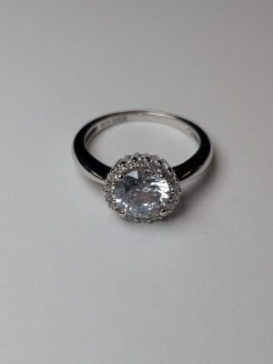 Vintage Sterling Silver Clear DQCZ Halo Gemstone Ring | Size Q 1/2 | 925 Silver