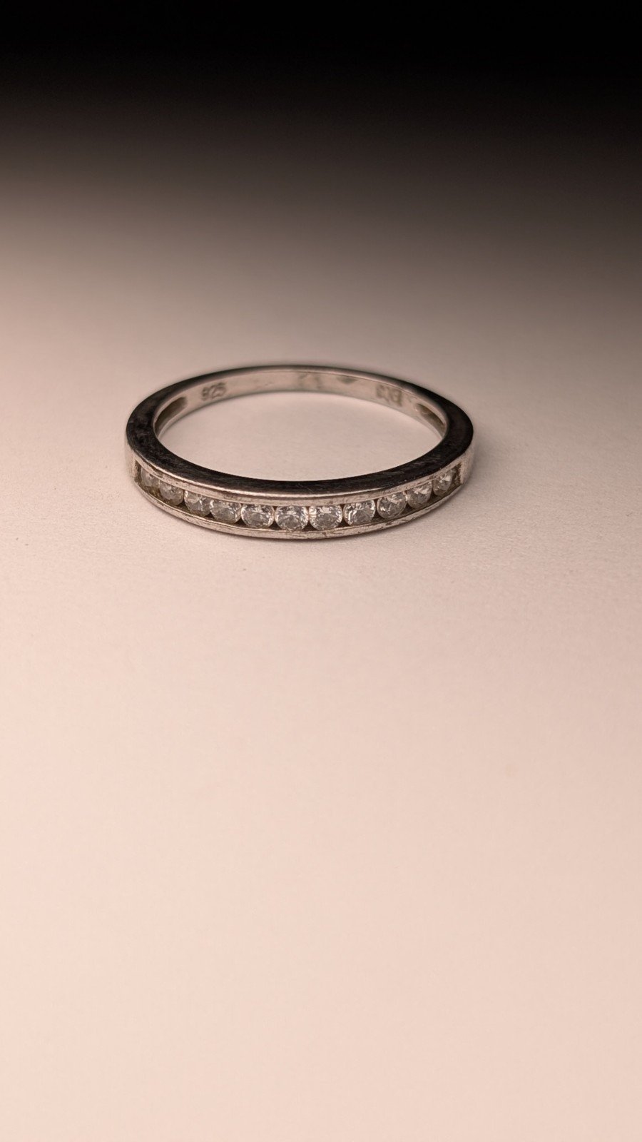 Vintage Sterling Silver Silver Row Clear Gemstone Ring | Size Q 1/2 | 925 - Image 5