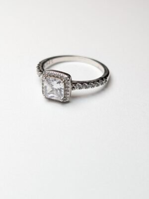 Vintage Sterling Silver Clear CZ Halo Gemstone Ring | Size M | 925 Silver