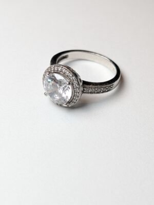Vintage Sterling Silver Clear CZ Halo Gemstone Ring | Size O | 925 Silver