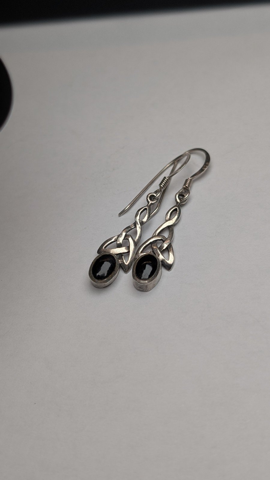 Vintage Sterling Silver Celtic Drop Earrings With Oval Black Onyx Gemstones
