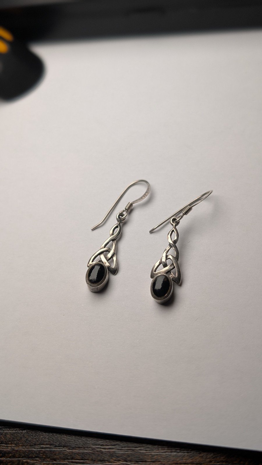 Vintage Sterling Silver Celtic Drop Earrings With Oval Black Onyx Gemstones - Image 4