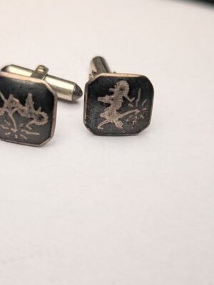 Vintage Sterling Silver Siam Black Niello Cuff Links | 925 Silver