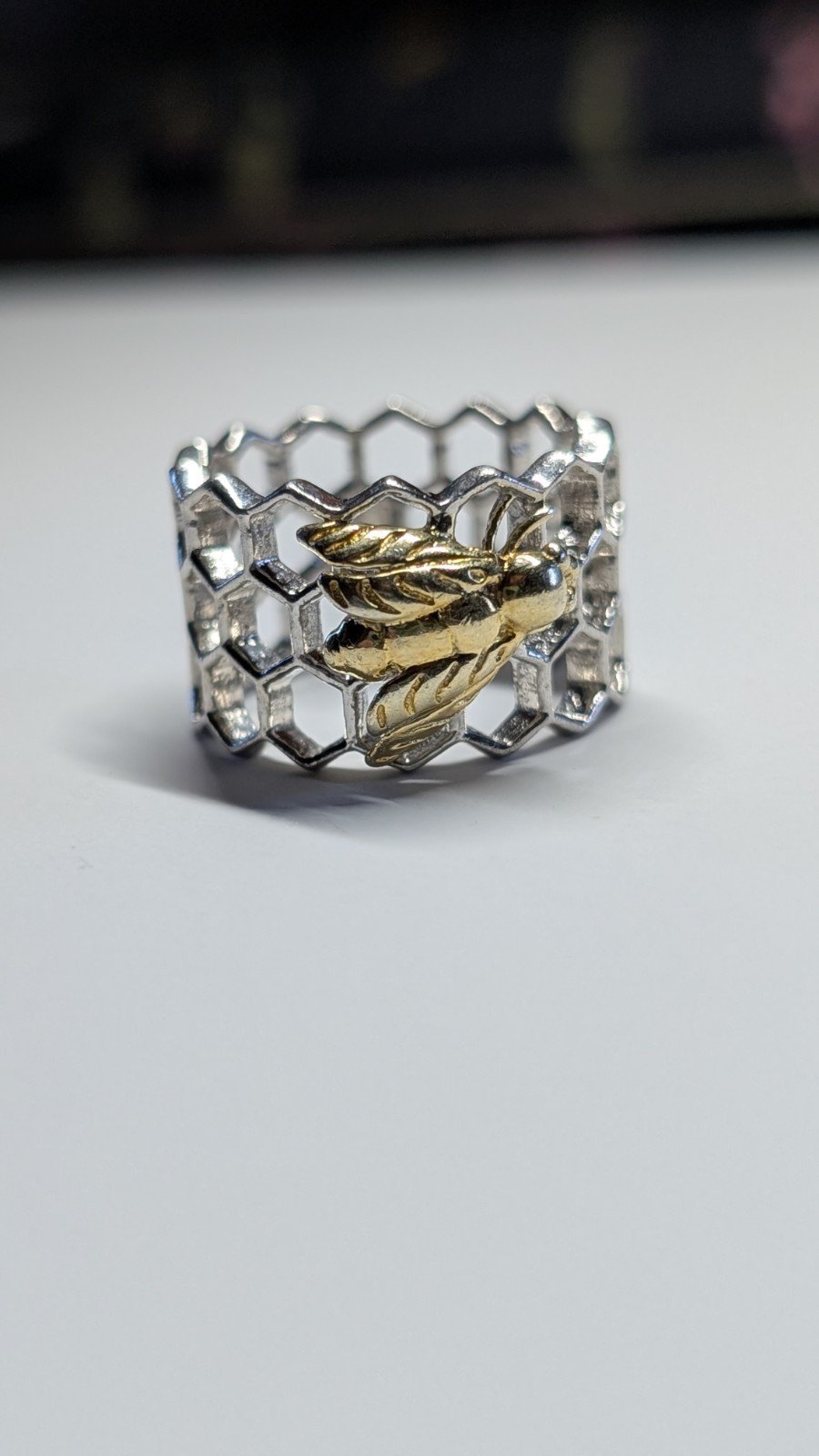 Vintage Sterling Silver Honeycomb Ring With Gold Tone Bee | Size L | 925 Silver