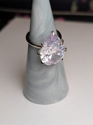 Vintage Sterling Silver Large CZ Teardrop Droplet Clear Ring | Size N | 925