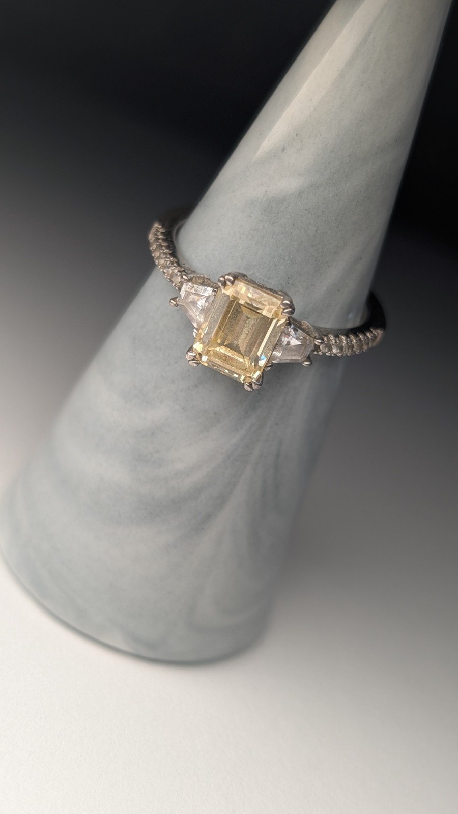 Vintage Sterling Silver Trilogy Clear & Yellow Gemstone Ring | Size Q 1/2 | 925