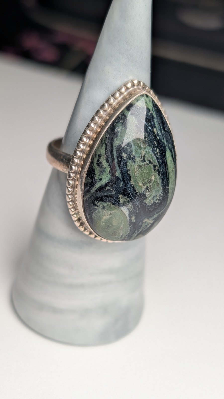 Vintage Sterling Silver Kambaba Green/Black Jasper Ring | Size T | 925 Silver