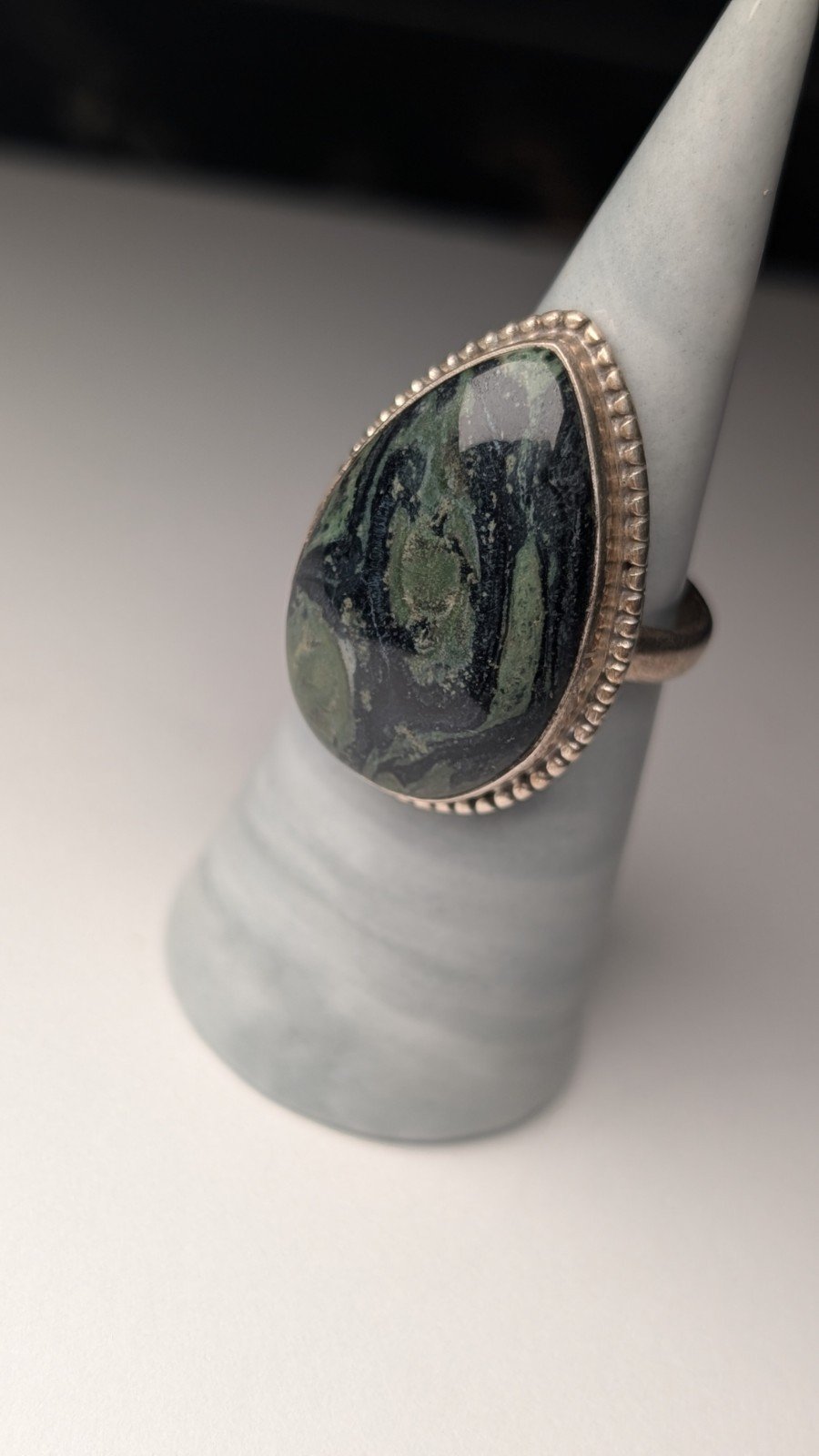 Vintage Sterling Silver Kambaba Green/Black Jasper Ring | Size T | 925 Silver - Image 2