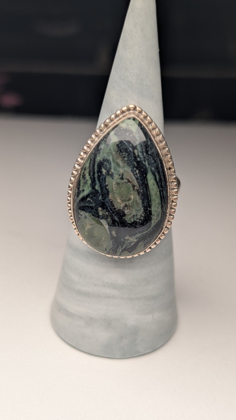 Vintage Sterling Silver Kambaba Green/Black Jasper Ring | Size T | 925 Silver - Image 3