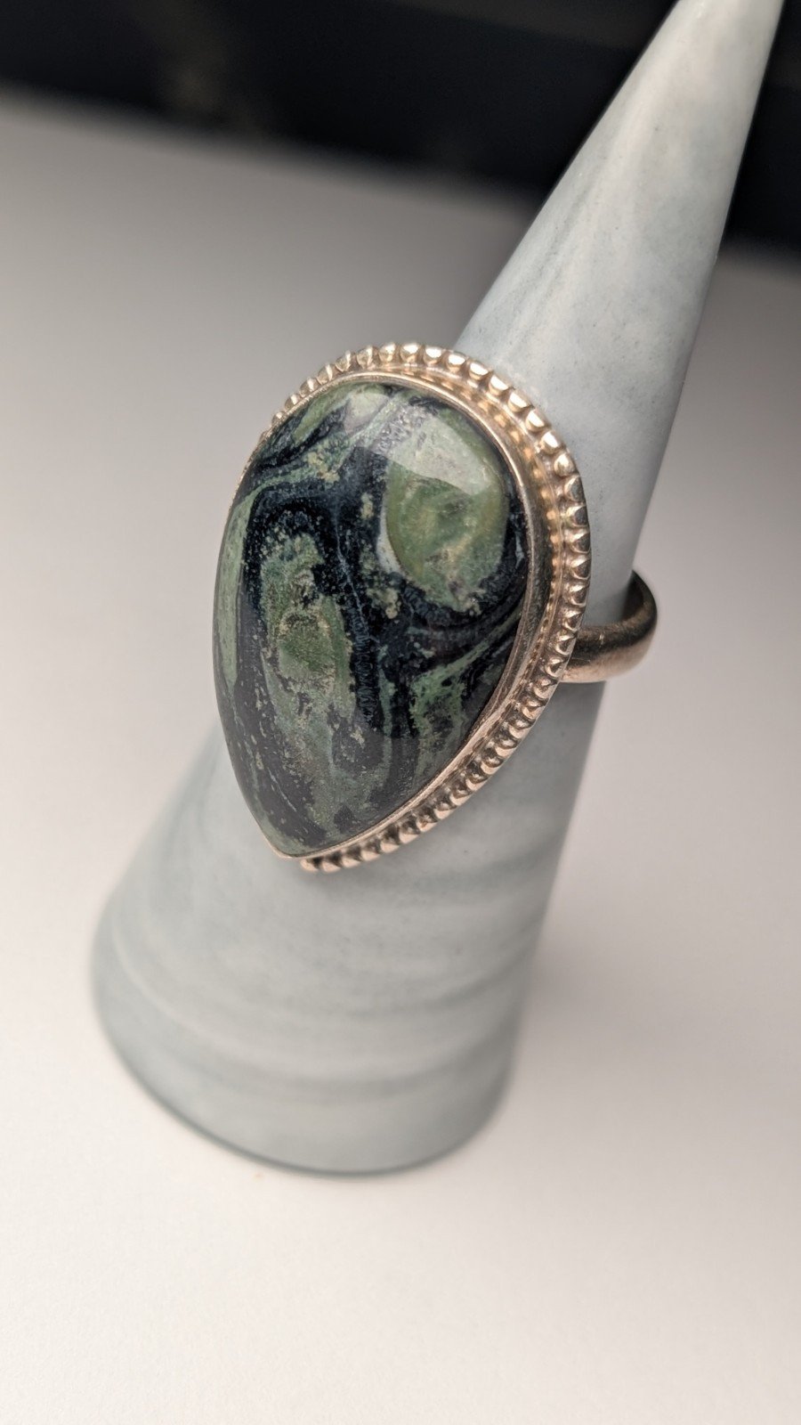Vintage Sterling Silver Kambaba Green/Black Jasper Ring | Size T | 925 Silver - Image 6