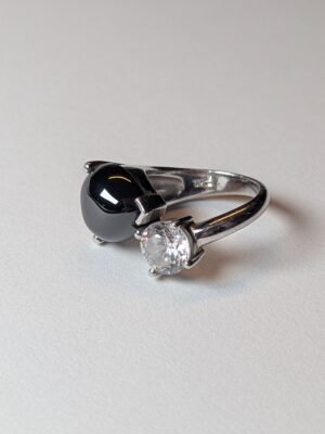 Vintage Sterling Silver Black Heart and Clear Gemstone Ring | Size N | 925