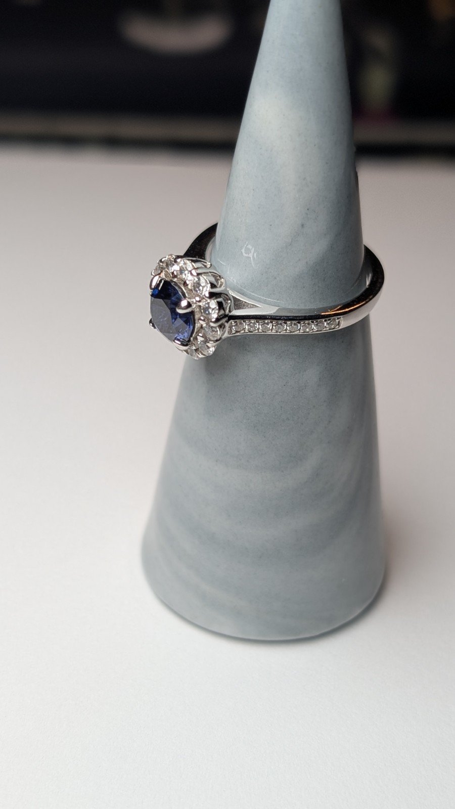 Vintage Sterling Silver Blue & Clear DQCZ Halo Gemstone Ring | Size M | 925 - Image 6