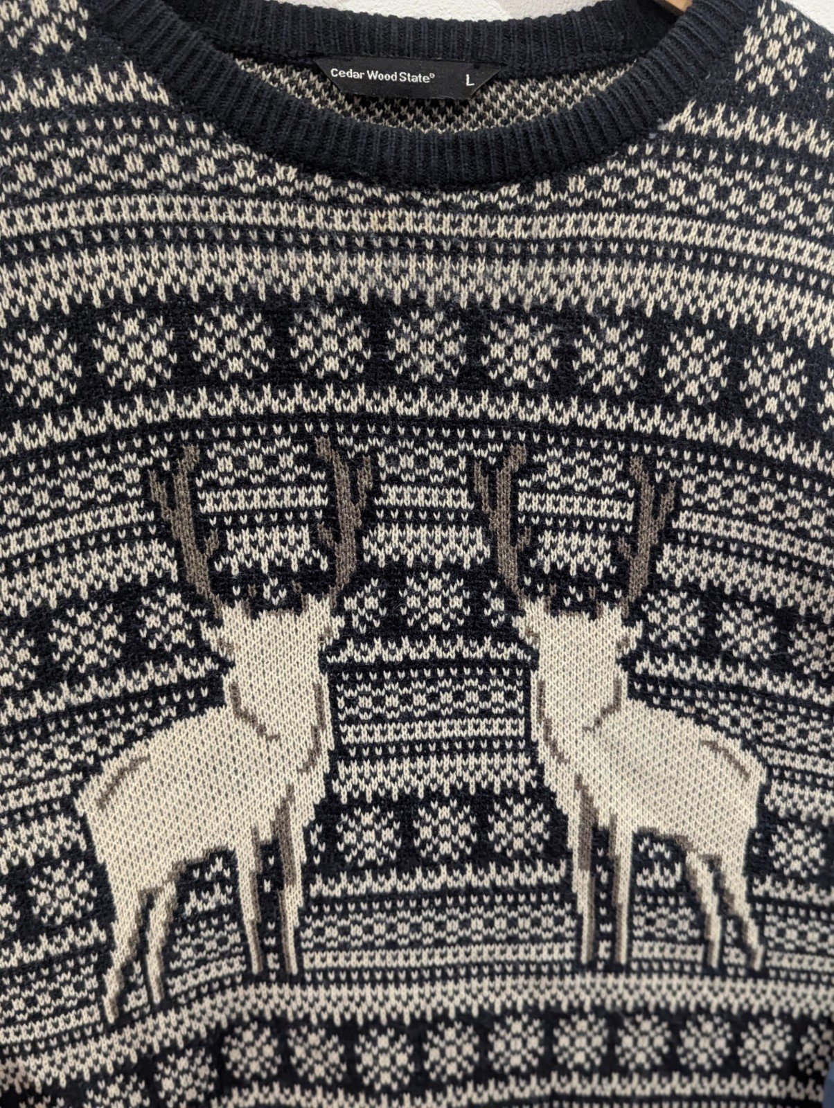 Vintage Large Dark Blue And White Deer Reindeer Christmas Jumper Cardigan L - Image 2