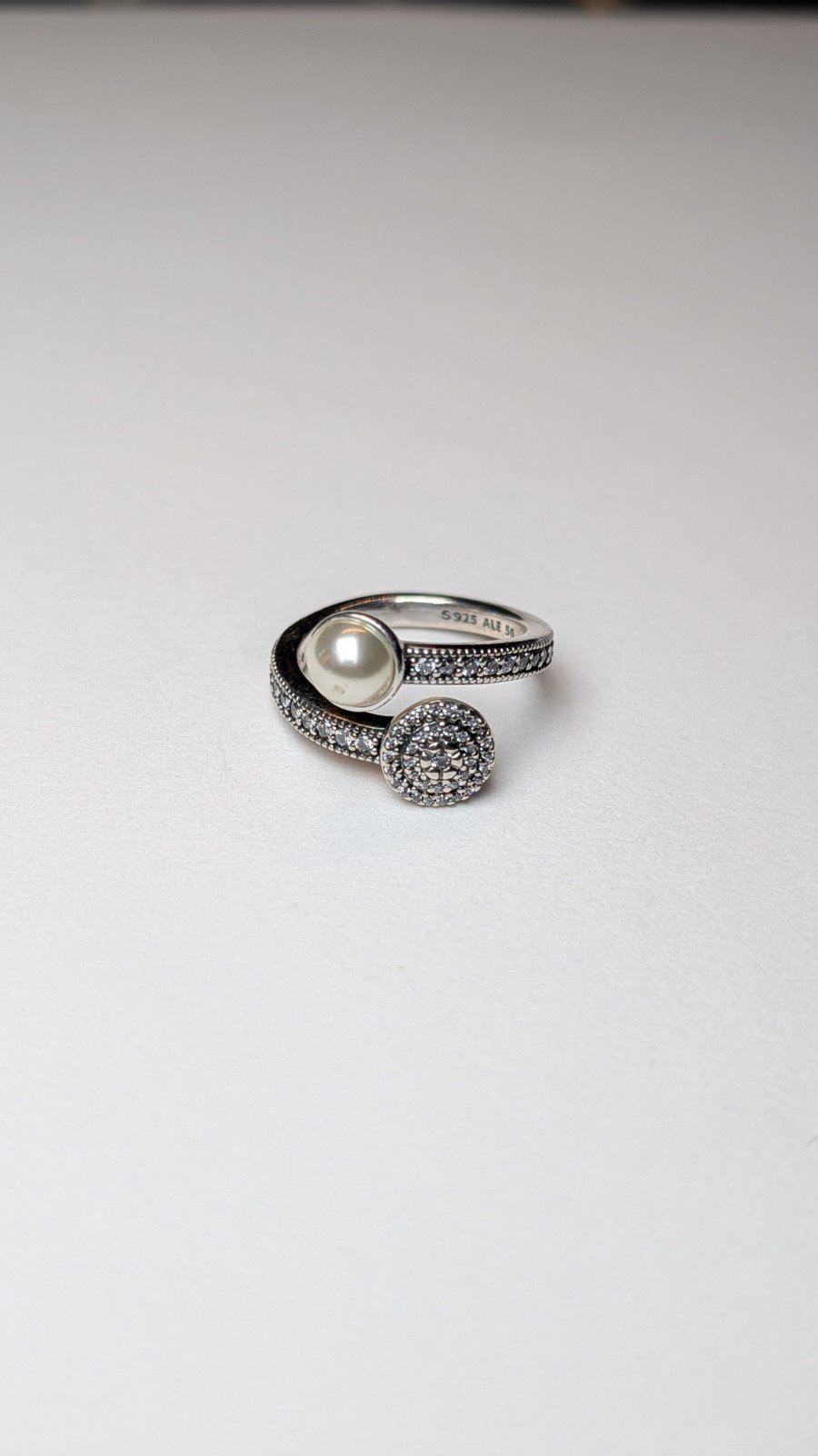 Pandora Sterling Silver Luminous Glow White Crystal Pearl Clear CZ Ring | K 1/2