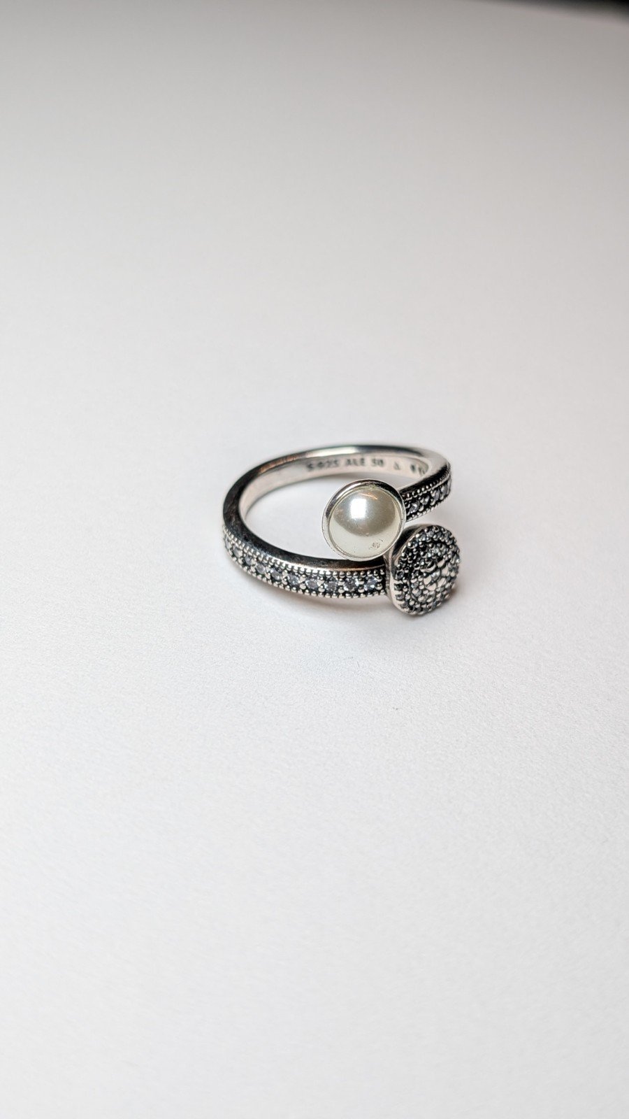 Pandora Sterling Silver Luminous Glow White Crystal Pearl Clear CZ Ring | K 1/2 - Image 2