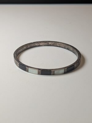 Vintage Sterling Silver Black Onyx & Mother Of Pearl Bangle | 12g | 925 Silver