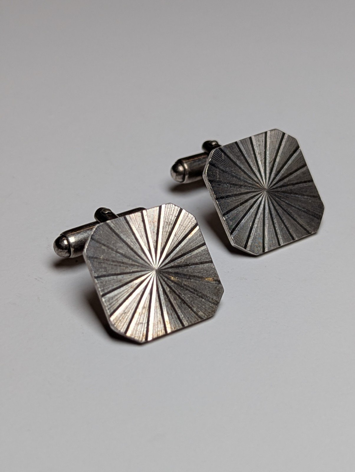 Vintage Sterling Silver Square Etched Sunburst Men's Cufflinks | 925 Silver - Image 3