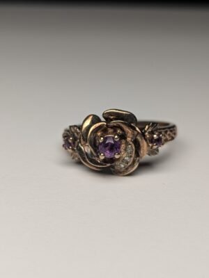 Vintage 9k Plated Sterling Silver Amethyst/Diamond Rose Ring | Size Q 1/2 | 1994