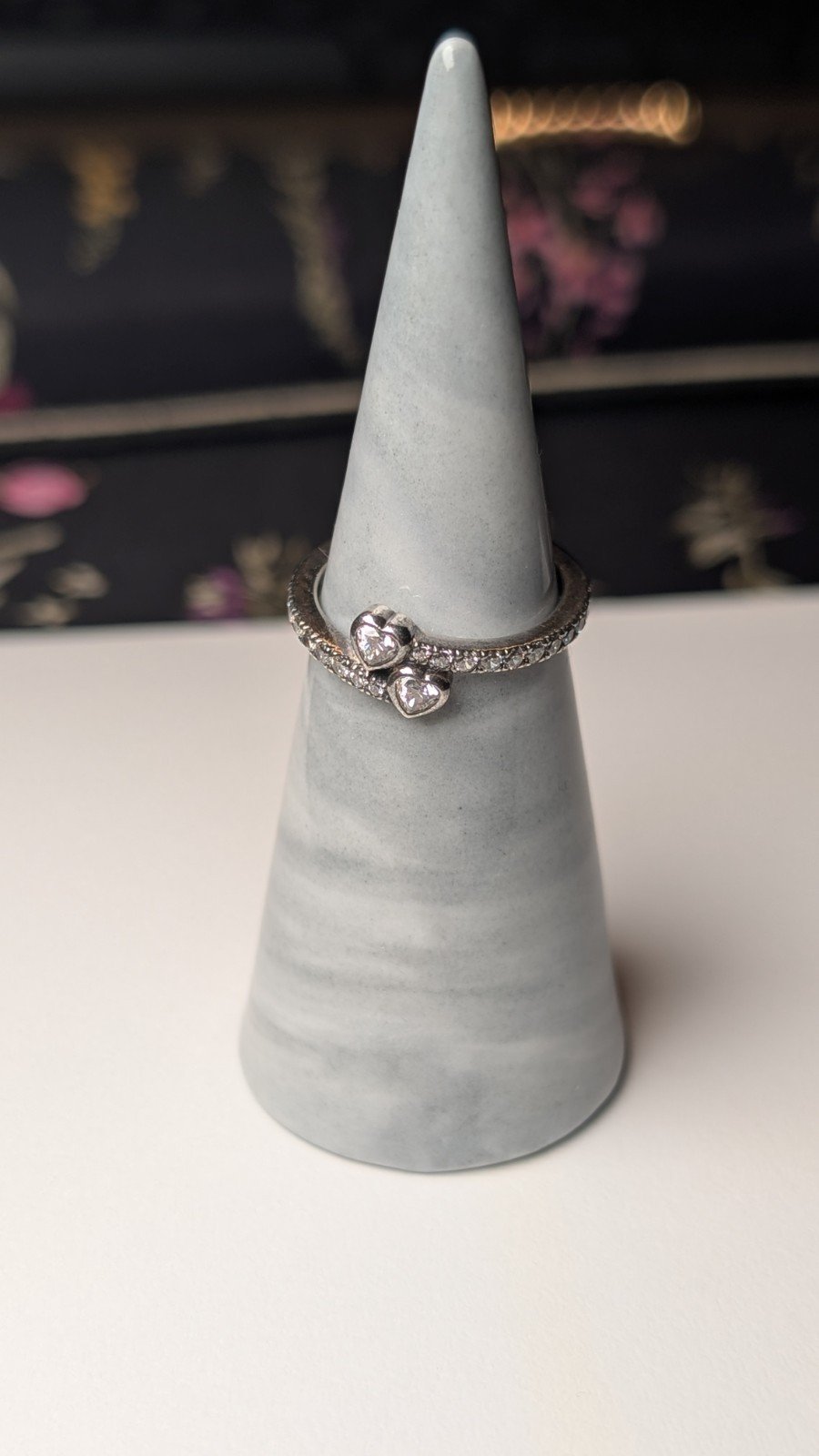 Genuine Sterling Silver Pandora Two Sparkling Hearts CZ Stones Ring | Size L 1/2