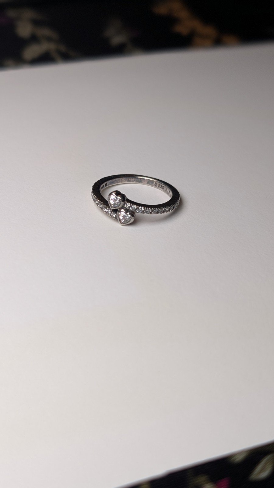 Genuine Sterling Silver Pandora Two Sparkling Hearts CZ Stones Ring | Size L 1/2 - Image 2