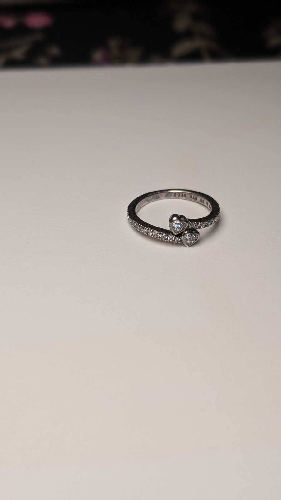 Genuine Sterling Silver Pandora Two Sparkling Hearts CZ Stones Ring | Size L 1/2 - Image 3