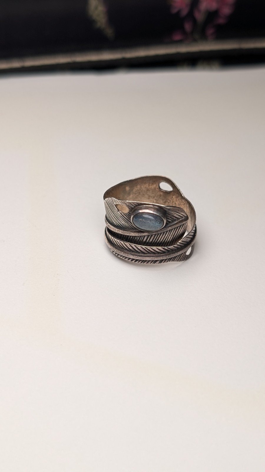 Vintage Sterling Silver Feather & Moonstone Gemstone Ring | Size K | 925 Silver