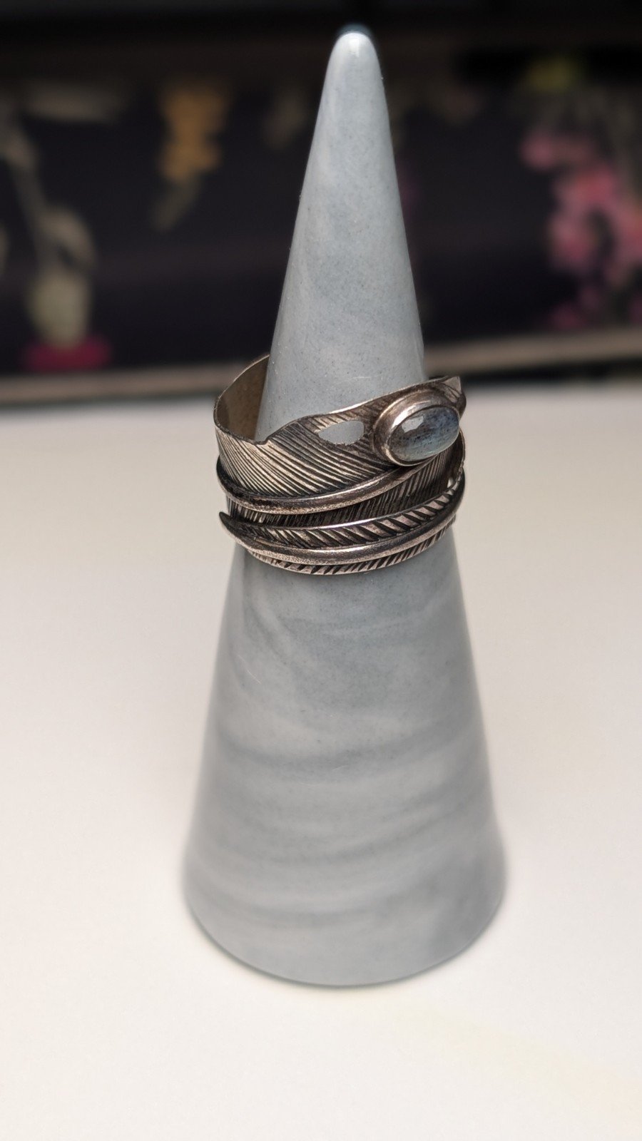Vintage Sterling Silver Feather & Moonstone Gemstone Ring | Size K | 925 Silver - Image 7