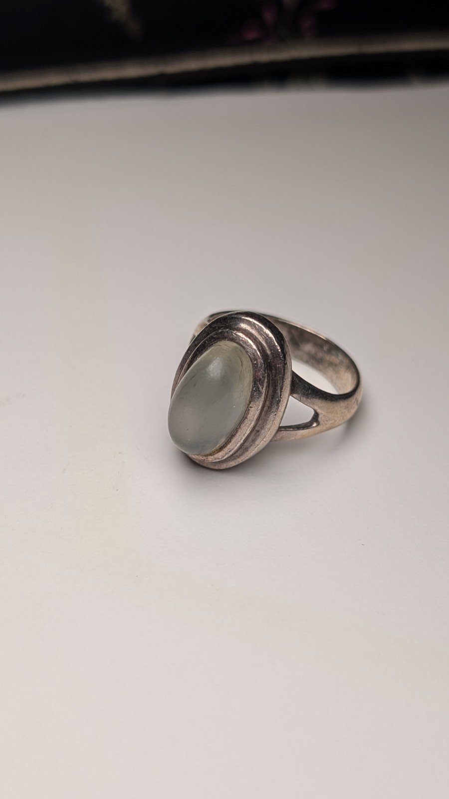 Vintage Sterling Silver White Clear Cloudy Gemstone Ring | Size Q 1/2 | 925