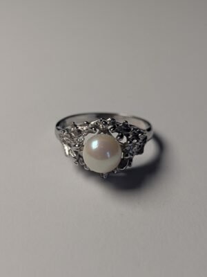 Vintage Sterling Silver Brutalist Pearl Ring | Size N | 925 Silver