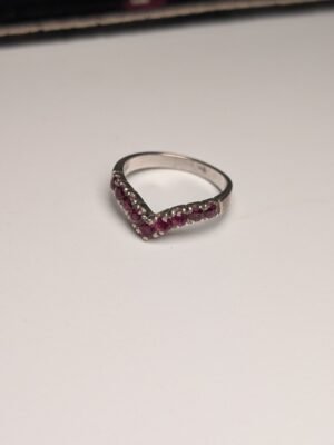 Vintage Sterling Silver Chevron Wishbone Red Ruby Ring | Size L 1/2 | 925 Silver