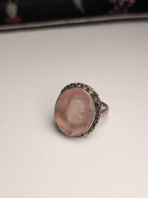 Vintage Sterling Silver Flat Pink Rose Quartz Ring | Size O 1/2 | 925 Silver