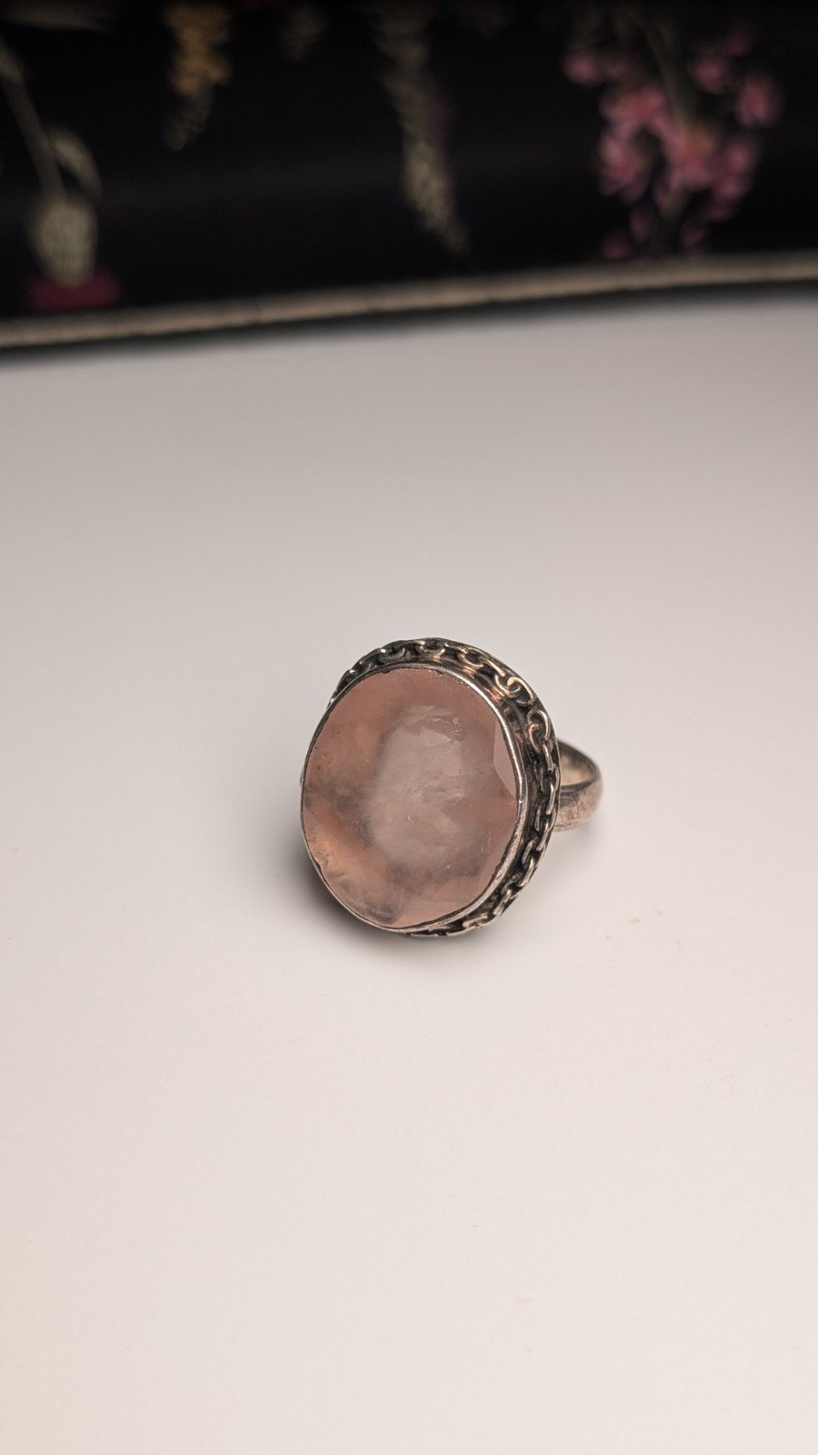 Vintage Sterling Silver Flat Pink Rose Quartz Ring | Size O 1/2 | 925 Silver