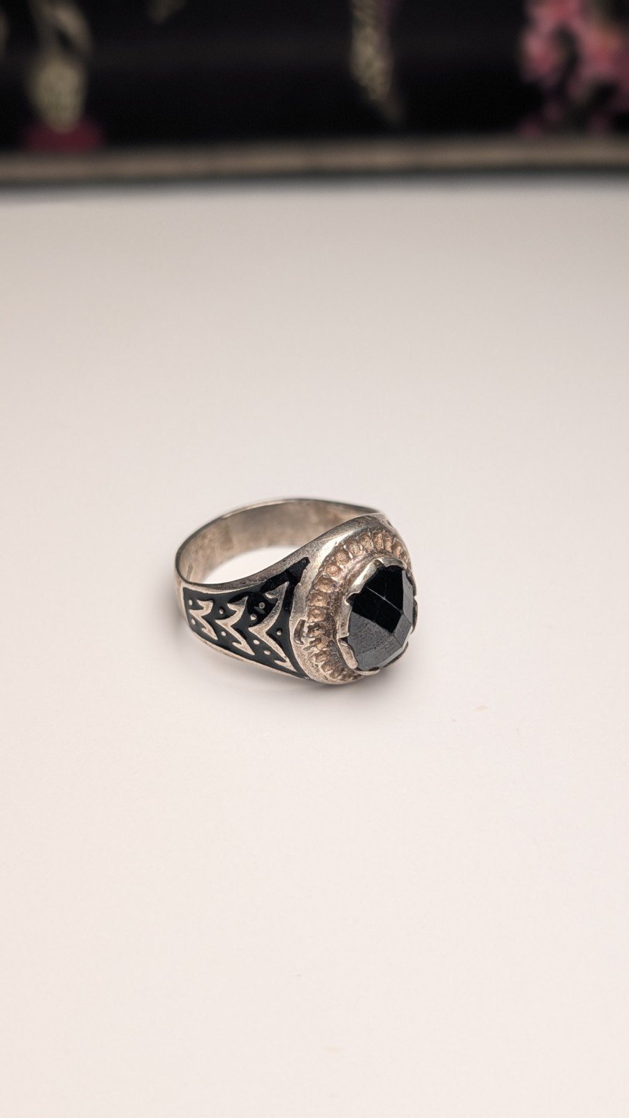 Vintage Sterling Silver 1965 Egyptian Black Onyx Ring | Size P | 925 Silver - Image 4