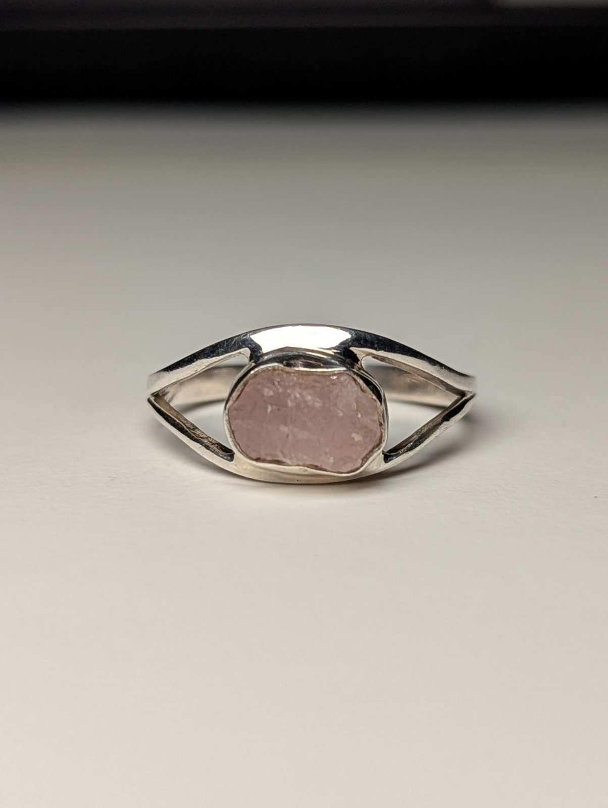 Vintage Sterling Silver Rough Rose Quartz Ring | Size V | 925 Silver