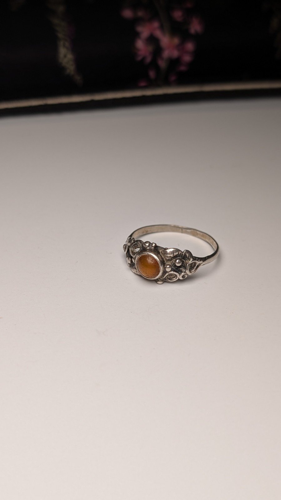 Vintage Sterling Silver Orange Amber Gemstone Ring | Size R 1/2 | 925 Silver