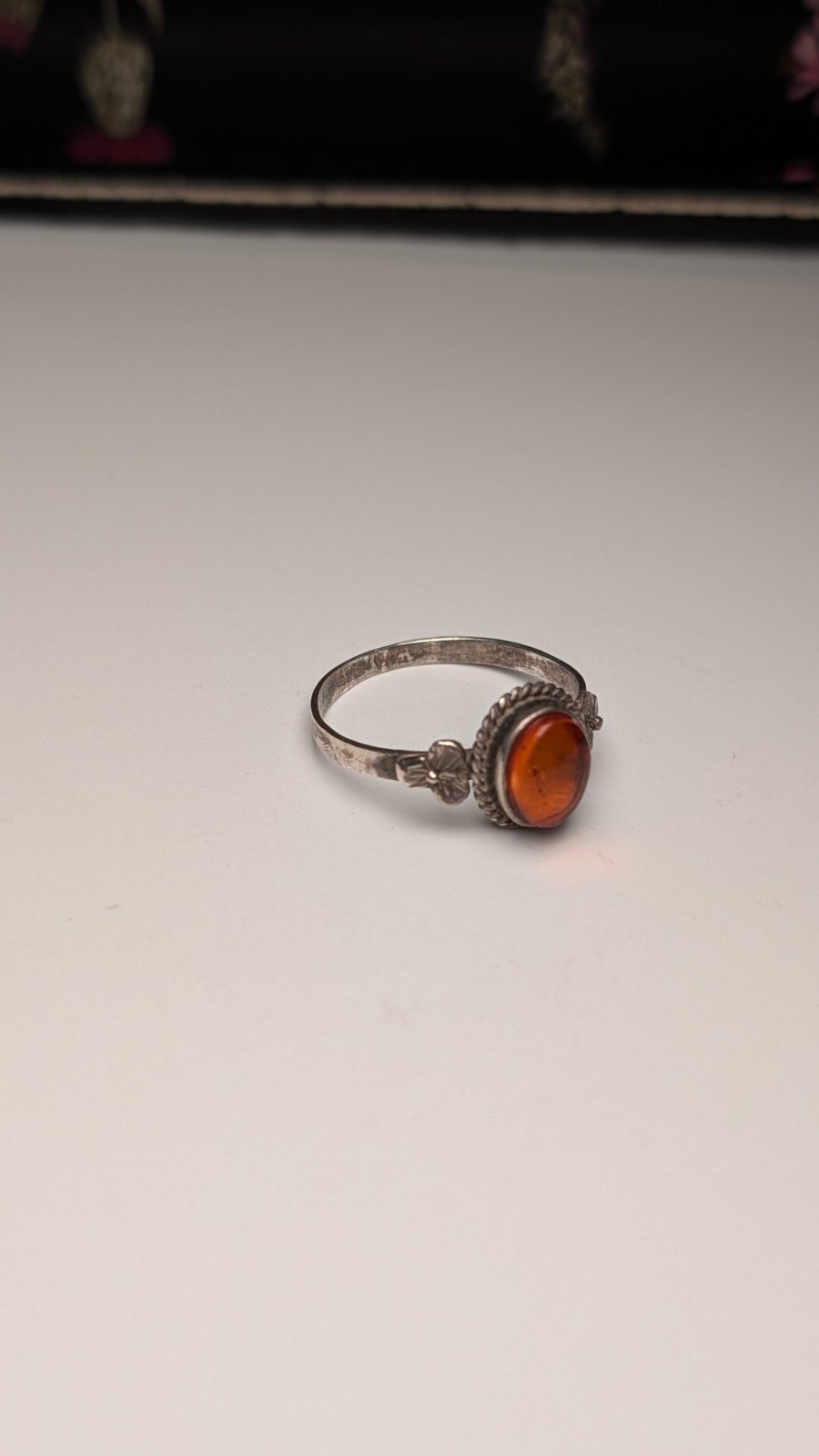 Vintage Sterling Silver Orange Amber Gemstone Flowers Ring | Size P | 925 Silver