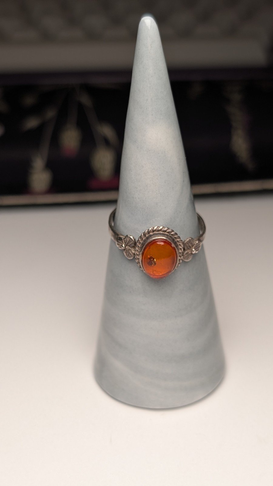 Vintage Sterling Silver Orange Amber Gemstone Flowers Ring | Size P | 925 Silver - Image 6