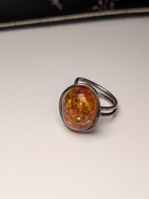 Vintage Sterling Silver Chunky Orange Amber Gemstone Ring | Size O | 925 Silver