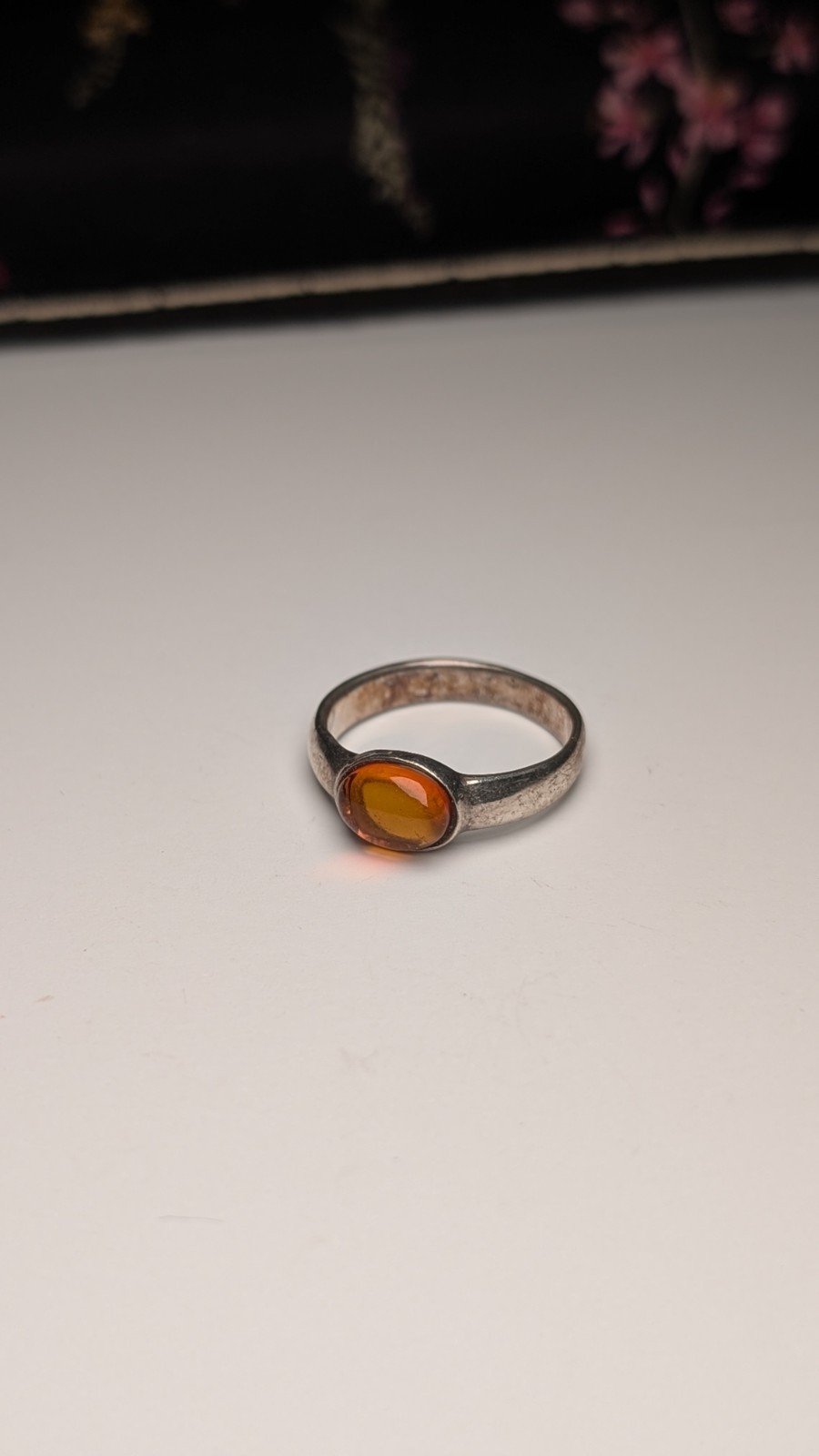 Vintage Sterling Silver Amber Gemstone Band Ring | Size M 1/2 | 925 Silver