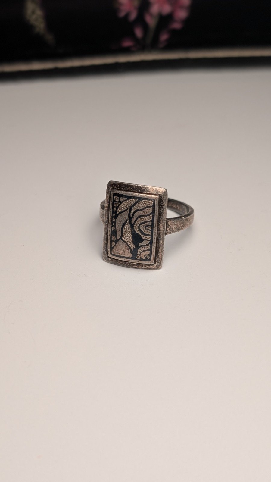 Vintage Sterling Silver Abstract Etched Plaque Design Ring | Size M 1/2 | 925