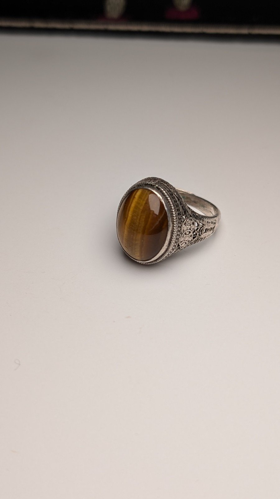 Vintage Sterling Silver Men's Openwork Tigers Eye Ring | Size Q (Resizable)