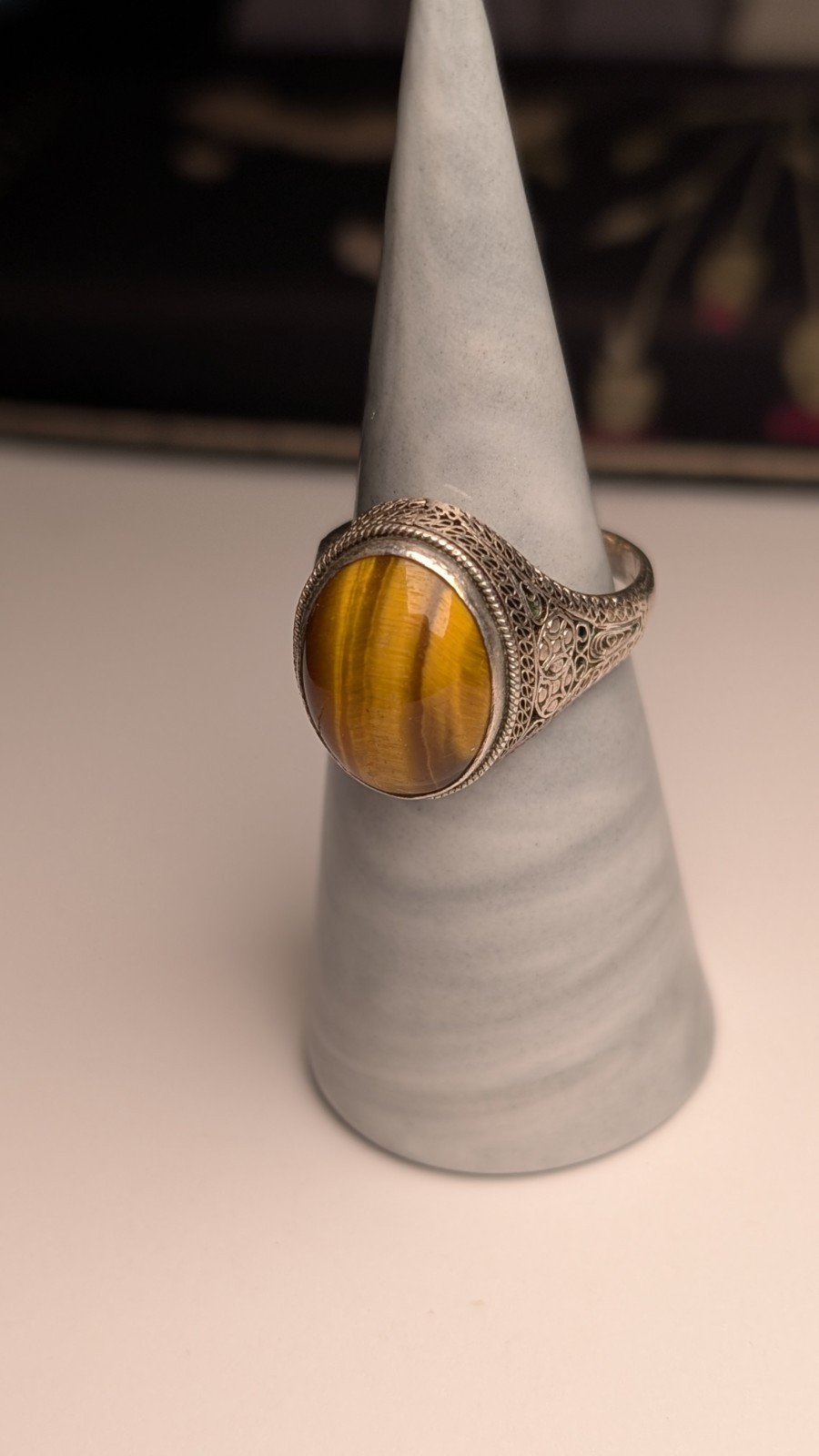 Vintage Sterling Silver Men's Openwork Tigers Eye Ring | Size Q (Resizable) - Image 6