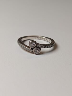 Genuine Sterling Silver Pandora Two Sparkling Hearts CZ Stones Ring | Size L 1/2