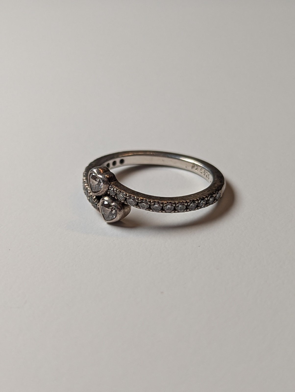Genuine Sterling Silver Pandora Two Sparkling Hearts CZ Stones Ring | Size L 1/2 - Image 2