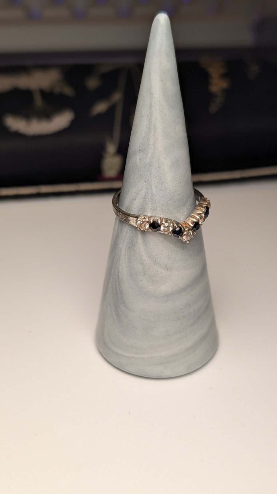 Vintage Sterling Silver Sapphire Wishbone Chevron Ring | Size O 1/2 | 925 Silver