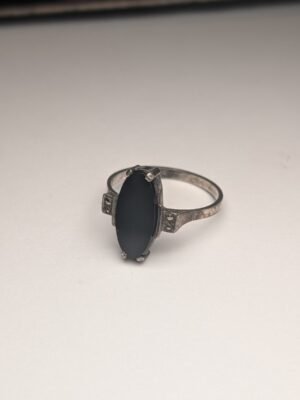 Vintage Sterling Silver Flat Face Oval Black Onyx Ring | Size Q 1/2 | 925
