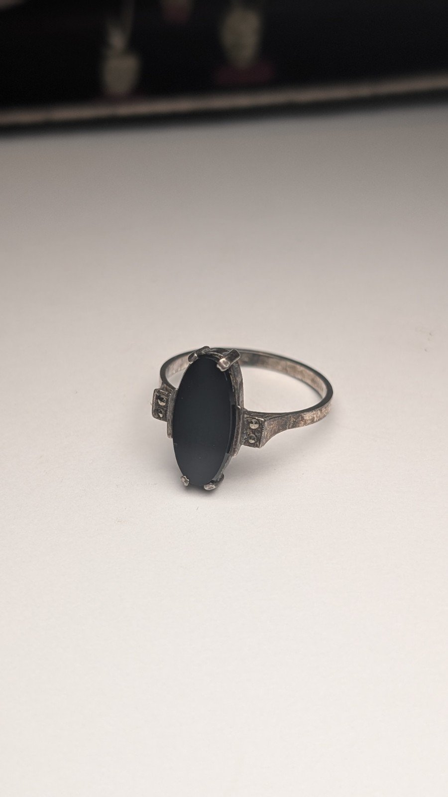 Vintage Sterling Silver Flat Face Oval Black Onyx Ring | Size Q 1/2 | 925