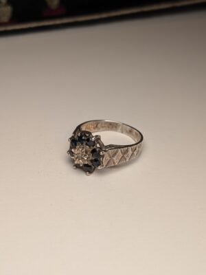 Vintage Sterling Silver 1980 Diamond & Sapphire Cluster Ring | Size N 1/2 | 925