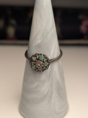 Vintage Sterling Silver 1979 Diamond & Emerald Cluster Ring | Size P 1/2 | 925