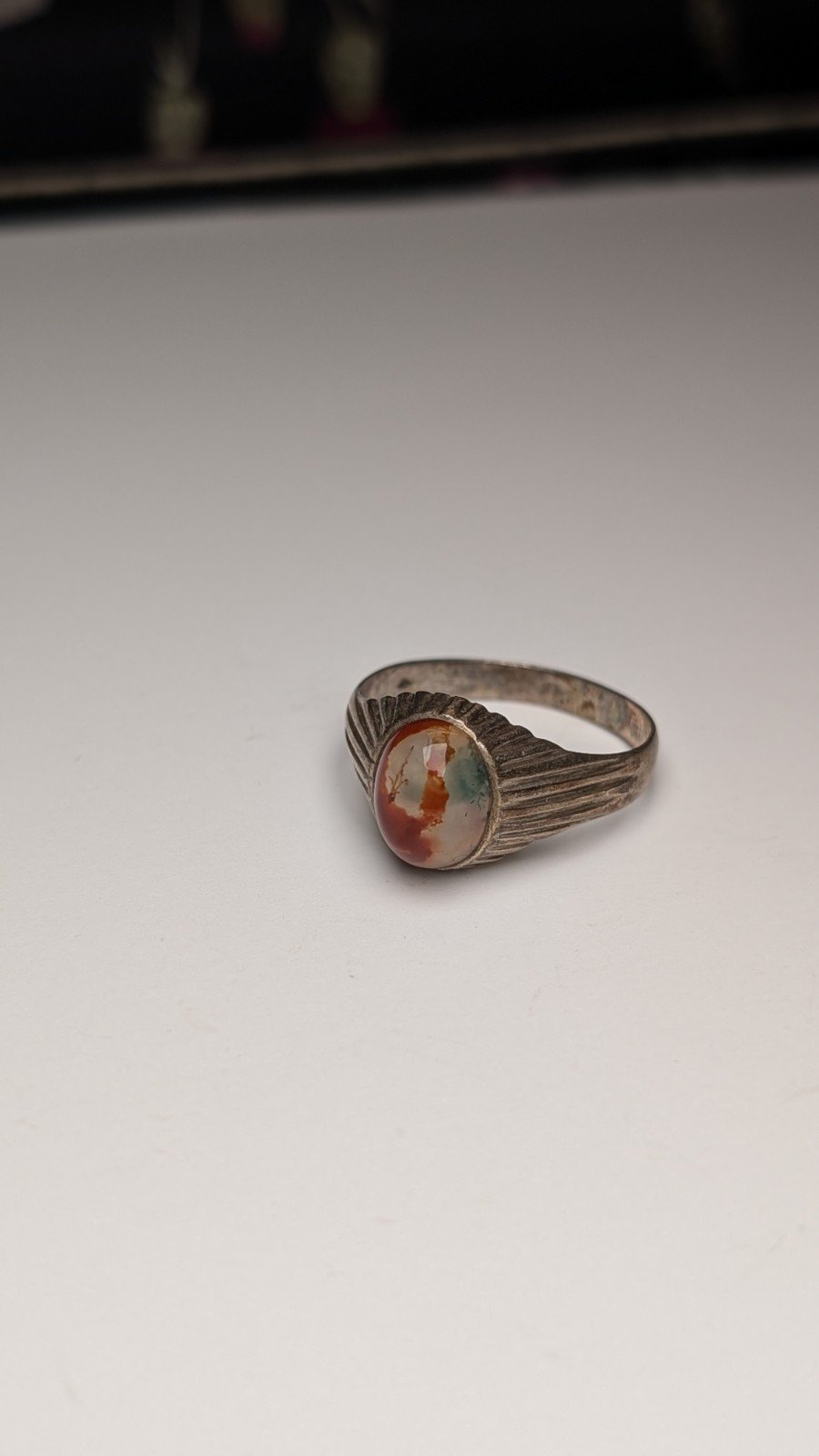 Vintage Sterling Silver 1976 Agate Ring | Size T 1/2 | 925 | Made In London